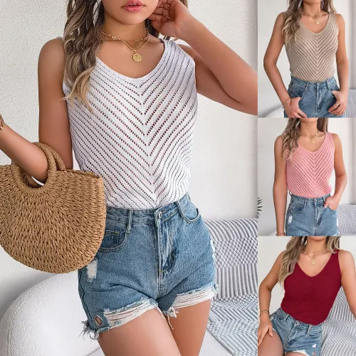 V-neck hollowed out sleeveless knit vacation vest