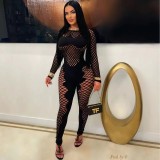 Round neck long sleeved hollowed out knit jumpsuit