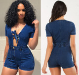 Open chest denim jumpsuit