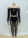 One line collar, sleeveless, navel exposed top with holes, tight and sexy leggings set