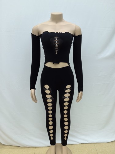 One line collar, sleeveless, navel exposed top with holes, tight and sexy leggings set