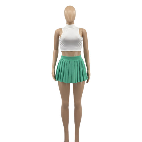 Solid color T-shirt pleated short skirt two-piece set