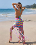 Handmade crochet wave patterned fringe beach cover skirt set