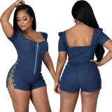 Front zippered backless denim jumpsuit