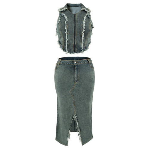 Large size denim short sleeved tassel zipper split suit long skirt