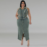 Large size denim short sleeved tassel zipper split suit long skirt