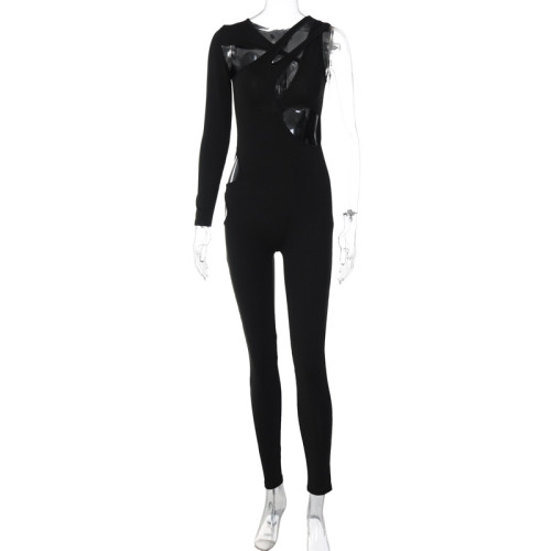 Hollow slim fit single shoulder long sleeved jumpsuit