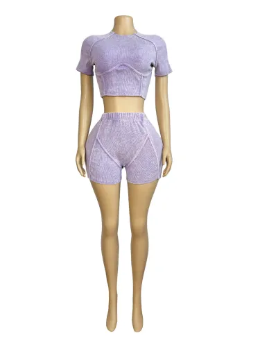 Thread washed, faded and worn-out two-piece shorts set