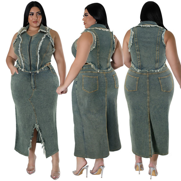 Large size denim short sleeved tassel zipper split suit long skirt