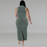 Large size denim short sleeved tassel zipper split suit long skirt