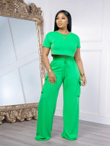 Short sleeved T-shirt, loose tie wide leg pants, workwear pants set