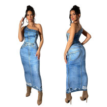 Imitation denim one shoulder slim fit wrap hip dress