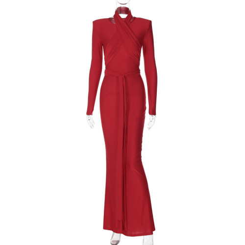 Tie up neck, wrap chest, waist, long sleeved dress