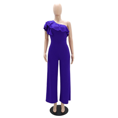 Wood ear edge single shoulder high waist loose straight jumpsuit