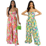 Sleeveless wrapped chest printed long pants, high waisted pleated jumpsuit
