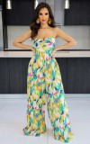 Sleeveless wrapped chest printed long pants, high waisted pleated jumpsuit