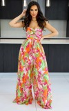 Sleeveless wrapped chest printed long pants, high waisted pleated jumpsuit