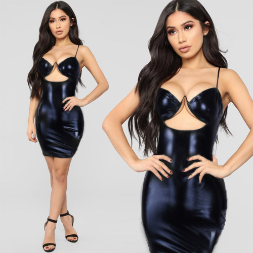 Women's buttocks wrapped PU leather women's dress