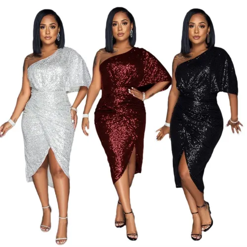 Solid color sequin off shoulder sexy women's dress