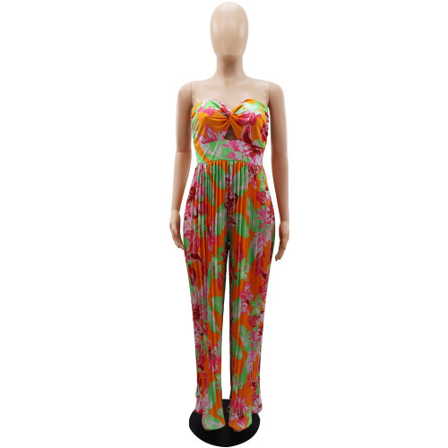 Sleeveless wrapped chest printed long pants, high waisted pleated jumpsuit