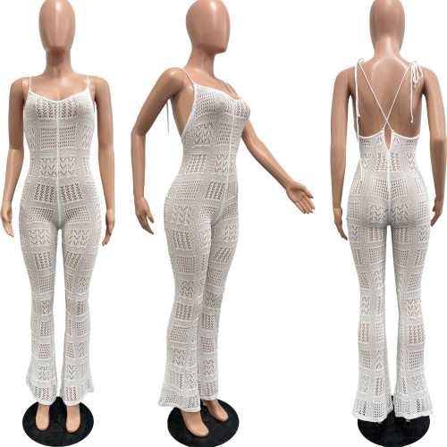 Knitted camisole geometric hollow jumpsuit