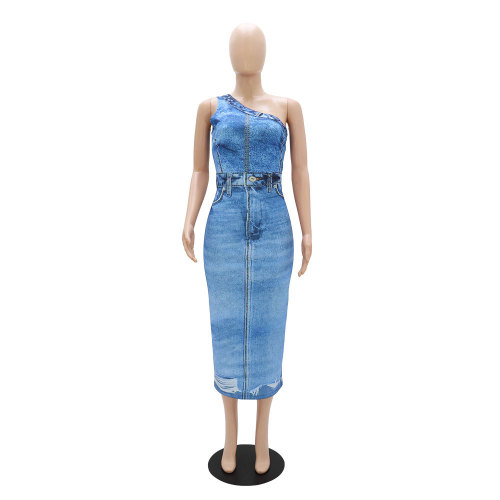 Imitation denim one shoulder slim fit wrap hip dress