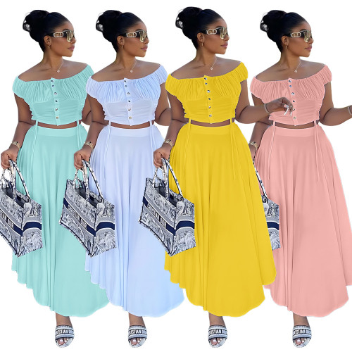 One shoulder short top A-line drape long skirt two-piece set