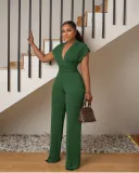 Low cut solid color waistband women's jumpsuit