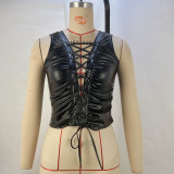 Chicken eye strap PU leather sleeveless vest for women's top