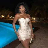 Strapless backless lace up hollowed out mini bandage dress