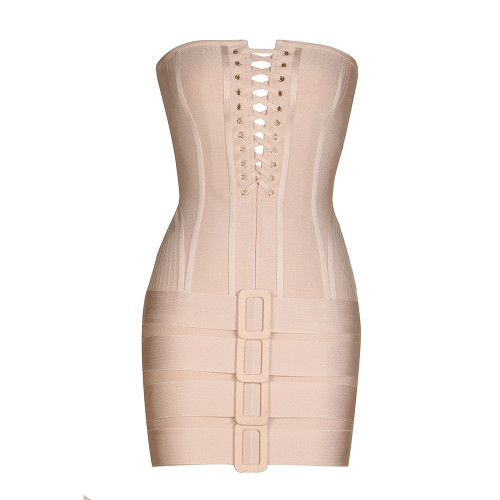 Strapless backless lace up hollowed out mini bandage dress