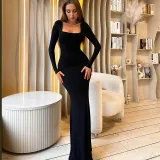 Slim fit backless lace up U-neck long sleeved dress