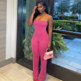 Backless strapless hanging neck solid color jumpsuit