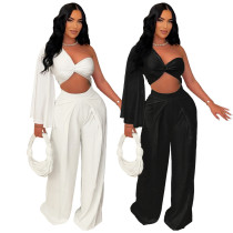 Single shoulder pleated casual solid color set