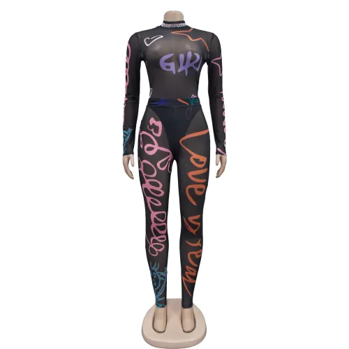 Printed perspective jumpsuit long pants with long sleeves