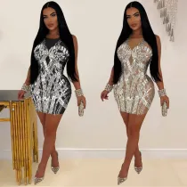 Mesh hot diamond short skirt dress