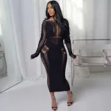 Round necked hollowed out long sleeved integrated knitted long buttocks wrapped dress