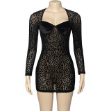 Leopard print plush mesh sexy buttock wrap short dress