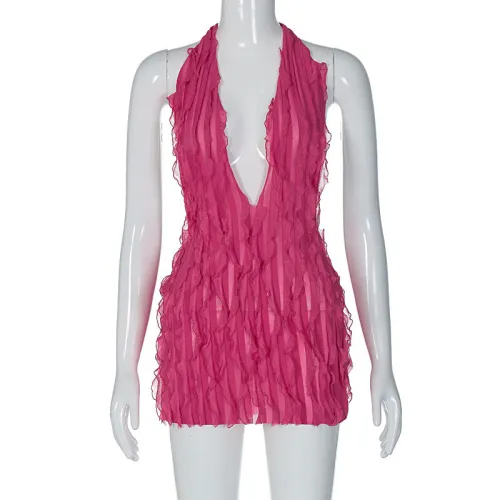 Water ripple sexy hanging neck backless dress