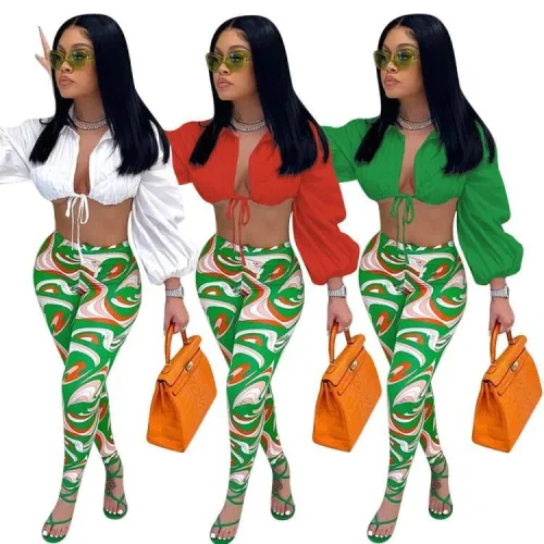 Lantern sleeve lace up pants set, high waisted pants set