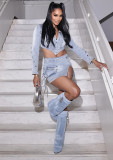 Button zipper strap with irregular slit work denim skirt set