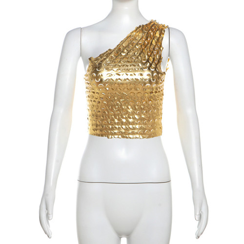 Sequin Reflective One Shoulder Off Back Slim Fit Top