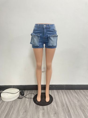 Water washed elastic denim workwear with three-dimensional pocket shorts