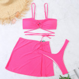 Tie up heart three piece dress style bikini swimsuit