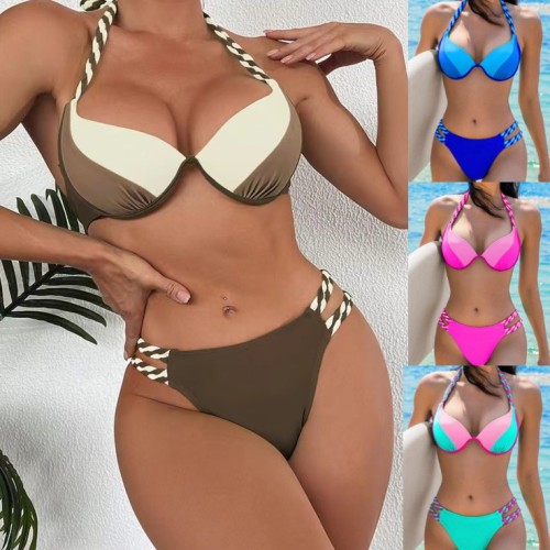 Split solid color bikini swimsuit with steel support