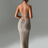 Open back hollowed out lace up knitted camisole wrapped hip dress