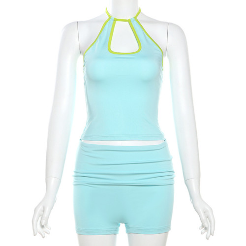Lace up neck suspender vest high waisted shorts set