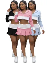 Color blocking patchwork long sleeved hooded pleated short skirt two-piece set