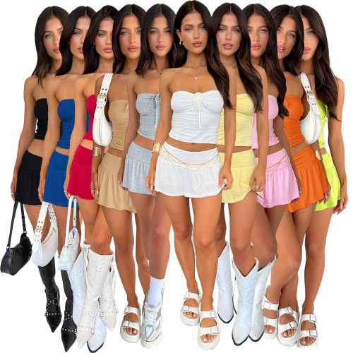 Two piece set of strapless pleated double layer pants skirt