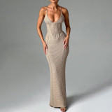 Open back hollowed out lace up knitted camisole wrapped hip dress